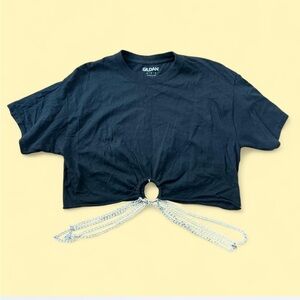 Gildan Black Crop Top with Silver Chain Accent
